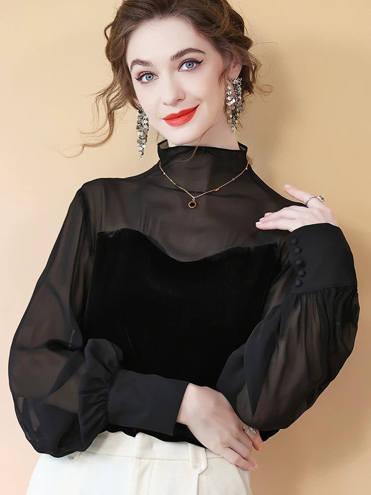 Women's Elegant Black Mock Neck Long Sleeve Silk Chiffon and Velvet Blouse Shirt