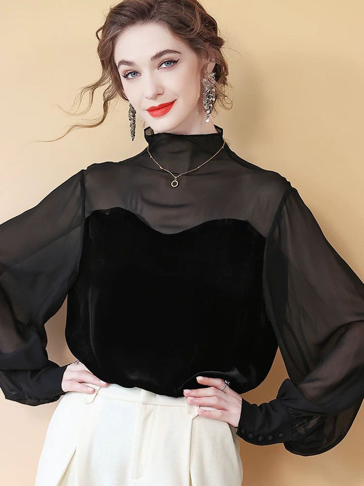 Women's Elegant Black Mock Neck Long Sleeve Silk Chiffon and Velvet Blouse Shirt