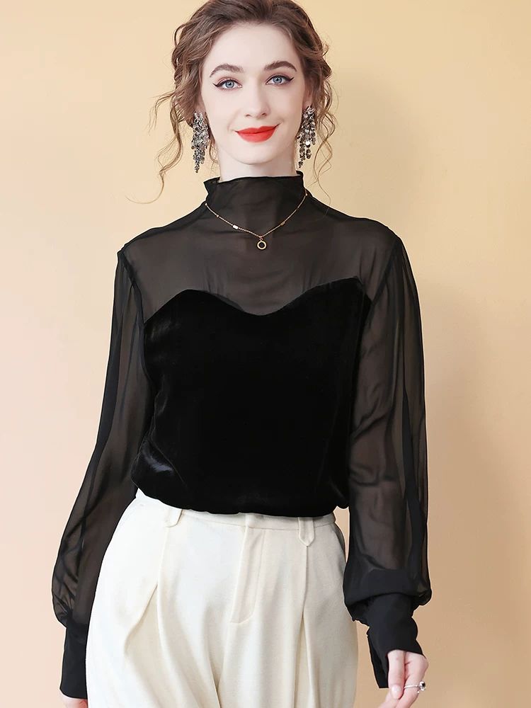 Women's Elegant Black Mock Neck Long Sleeve Silk Chiffon and Velvet Blouse Shirt