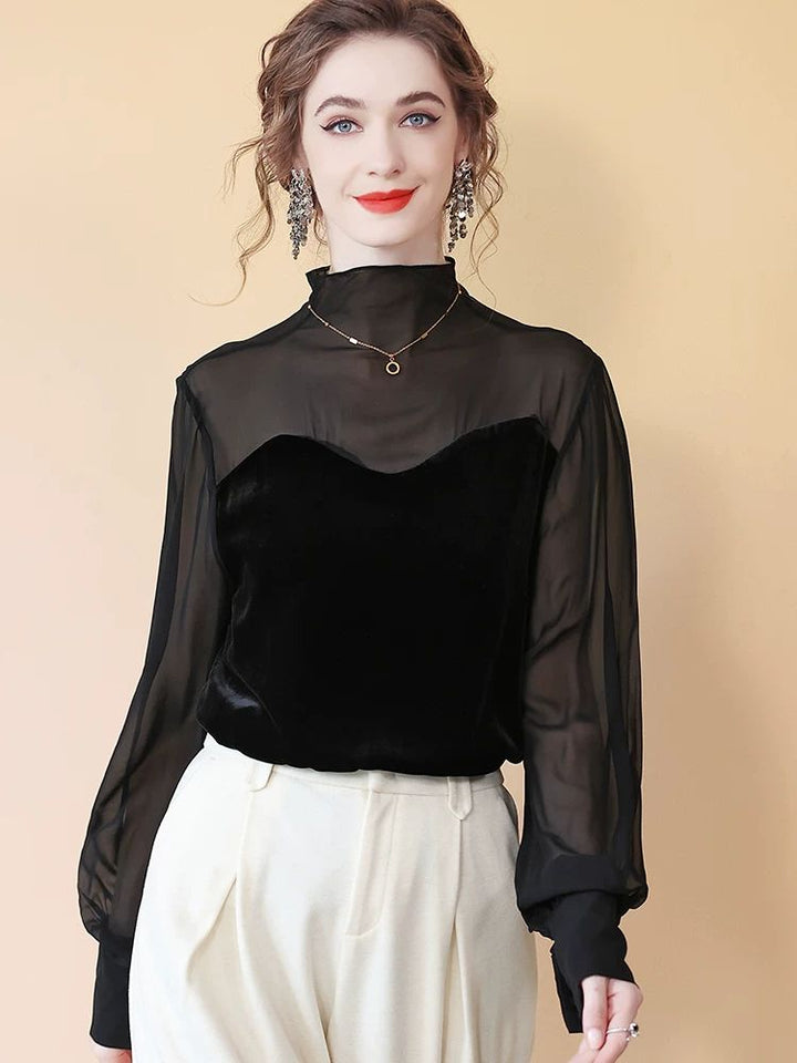 Women's Elegant Black Mock Neck Long Sleeve Silk Chiffon and Velvet Blouse Shirt
