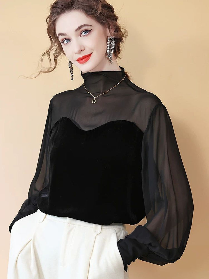Women's Elegant Black Mock Neck Long Sleeve Silk Chiffon and Velvet Blouse Shirt
