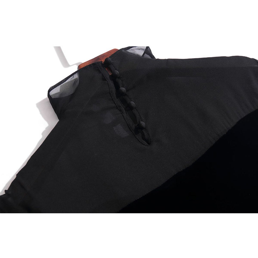 Women's Elegant Black Mock Neck Long Sleeve Silk Chiffon and Velvet Blouse Shirt