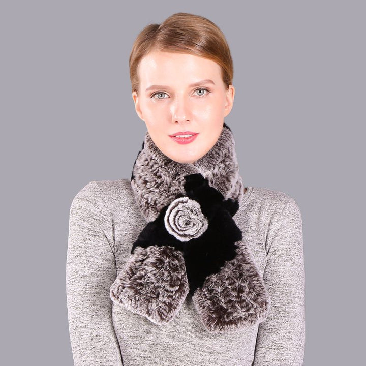 Soft Rabbit Fur Winter Wrap Scarf Stole with Rose Decoration