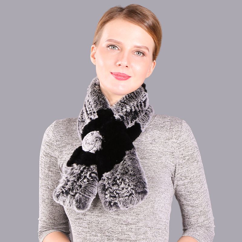Soft Rabbit Fur Winter Wrap Scarf Stole with Rose Decoration