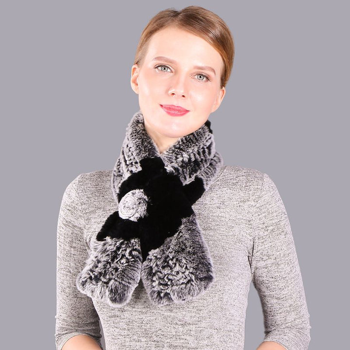 Soft Rabbit Fur Winter Wrap Scarf Stole with Rose Decoration