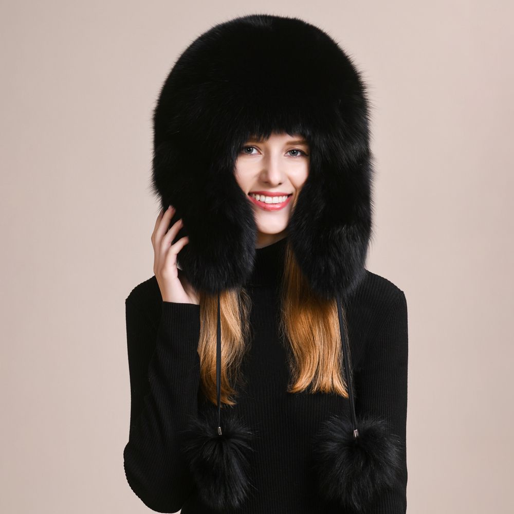 Luxury Genuine Fox Fur Trapper Hat Full Pelt Winter Pom Pom Hat Cold Wether Ushanka for Women