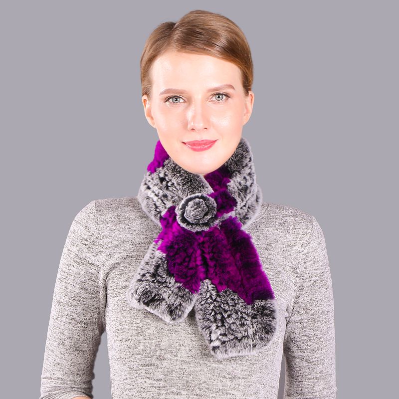 Soft Rabbit Fur Winter Wrap Scarf Stole with Rose Decoration
