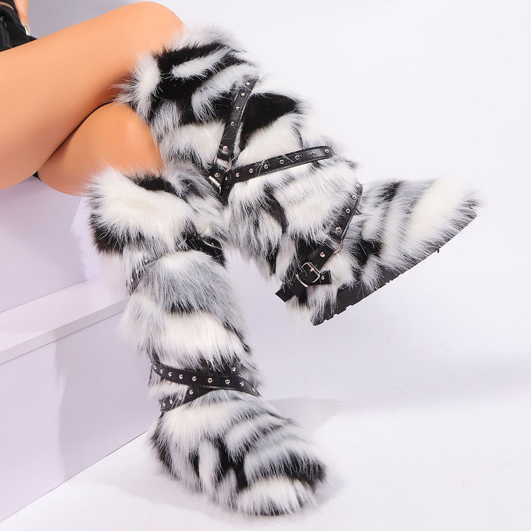 Womens Faux Fur Boot Winter Fluffy Long Furry Boots for Girls Outdoor Fuzzy Knee-High Sexy Snow Boots with Cross Straps and Buckle