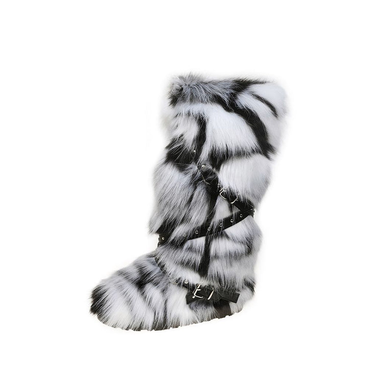 Womens Faux Fur Boot Winter Fluffy Long Furry Boots for Girls Outdoor Fuzzy Knee-High Sexy Snow Boots with Cross Straps and Buckle