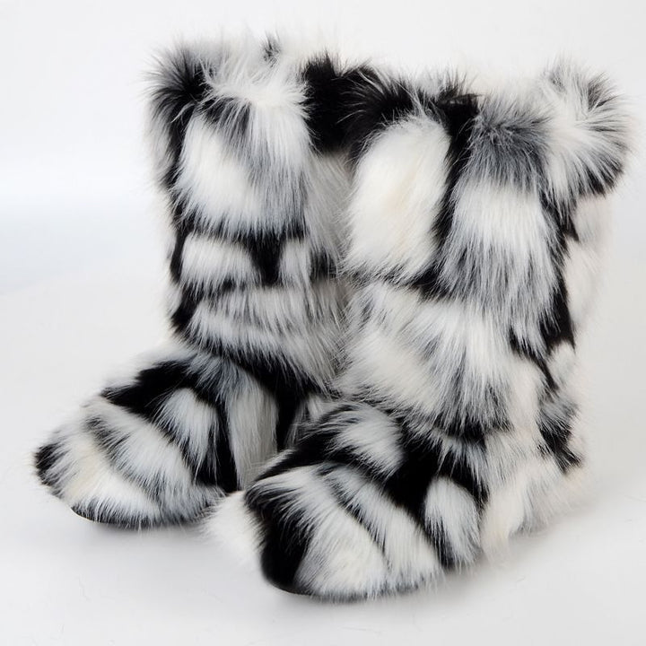 Vibrant Patchwork Faux Fur Boots Women Colorful Winter Furry Snow Boots Footwear