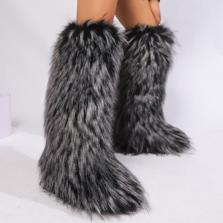 Womens Faux Fur Boot Winter Fluffy Long Furry Boots for Girls Outdoor Fuzzy Knee-High Boots