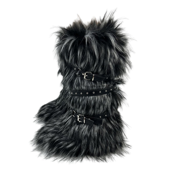 Womens Faux Fur Boot Winter Fluffy Long Furry Boots for Girls Outdoor Fuzzy Knee-High Sexy Snow Boots with Cross Straps and Buckle