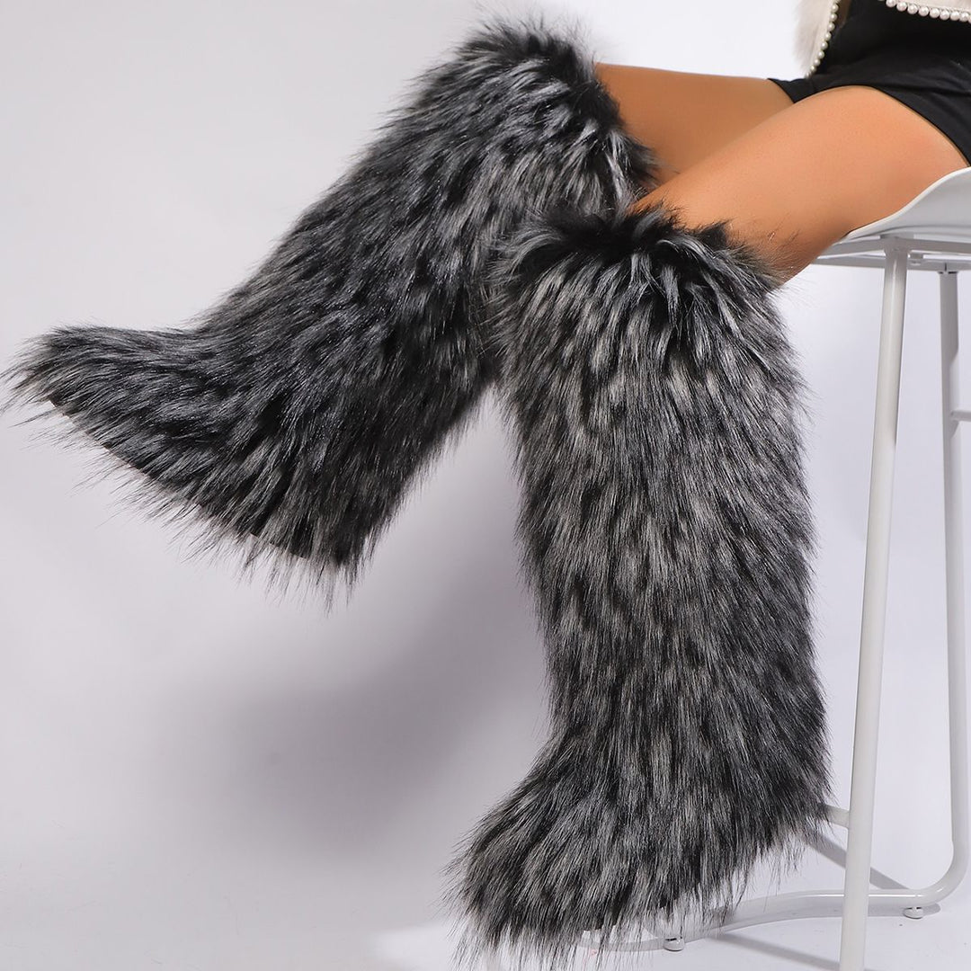 Womens Faux Fur Boot Winter Fluffy Long Furry Boots for Girls Outdoor Fuzzy Knee-High Boots