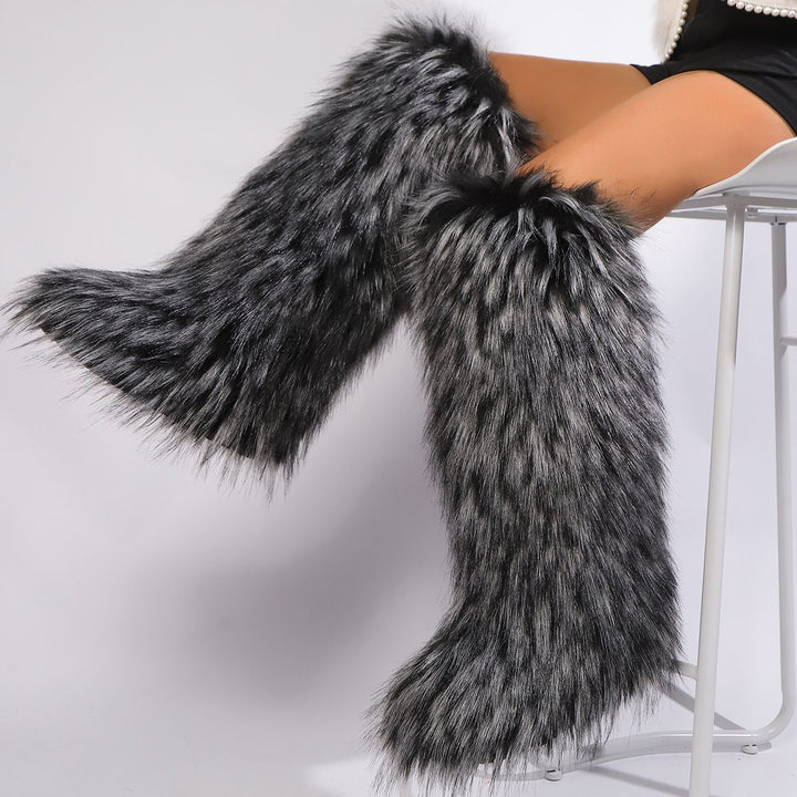 Womens Faux Fur Boot Winter Fluffy Long Furry Boots for Girls Outdoor Fuzzy Knee-High Boots