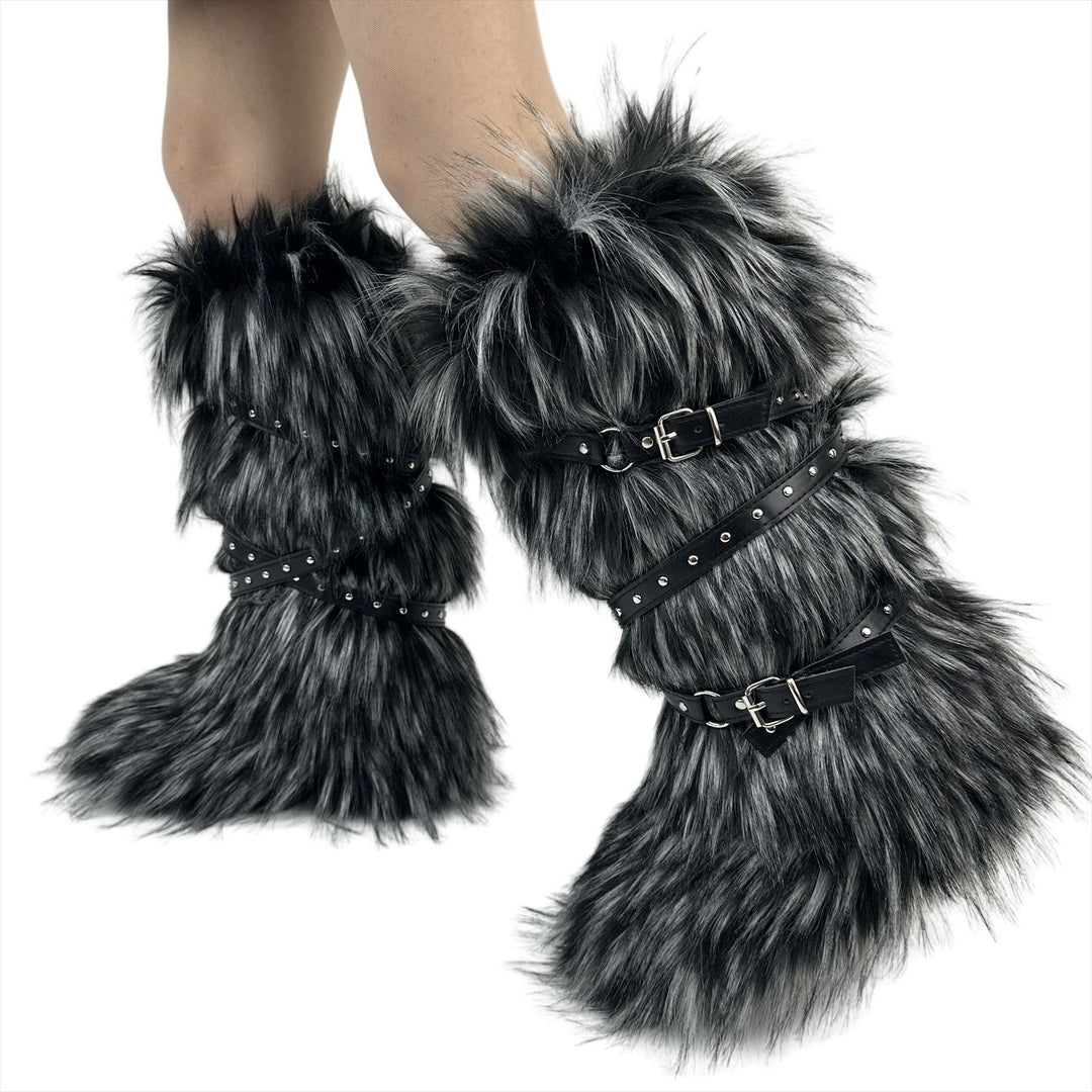 Womens Faux Fur Boot Winter Fluffy Long Furry Boots for Girls Outdoor Fuzzy Knee-High Sexy Snow Boots with Cross Straps and Buckle
