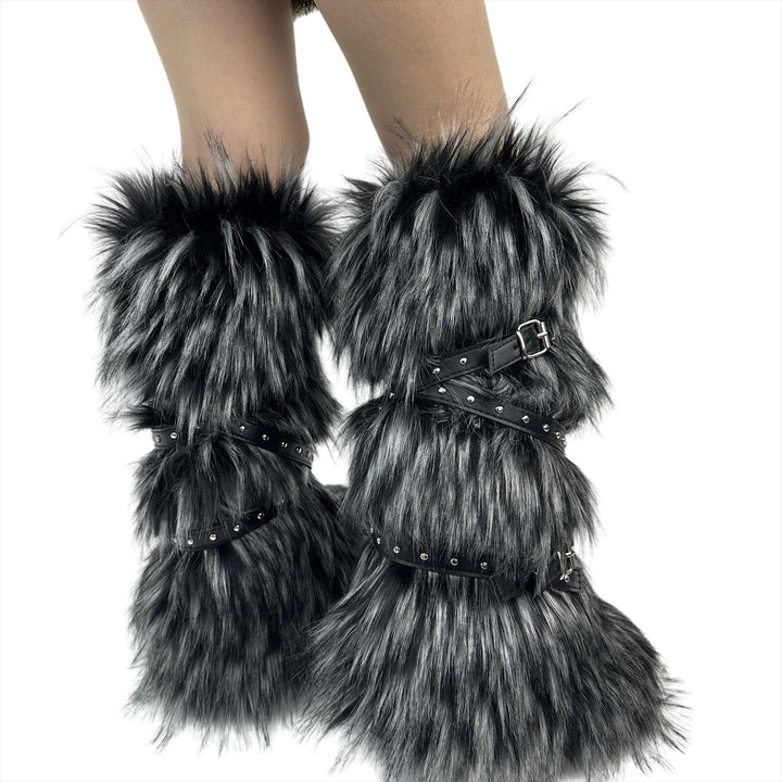 Womens Faux Fur Boot Winter Fluffy Long Furry Boots for Girls Outdoor Fuzzy Knee-High Sexy Snow Boots with Cross Straps and Buckle