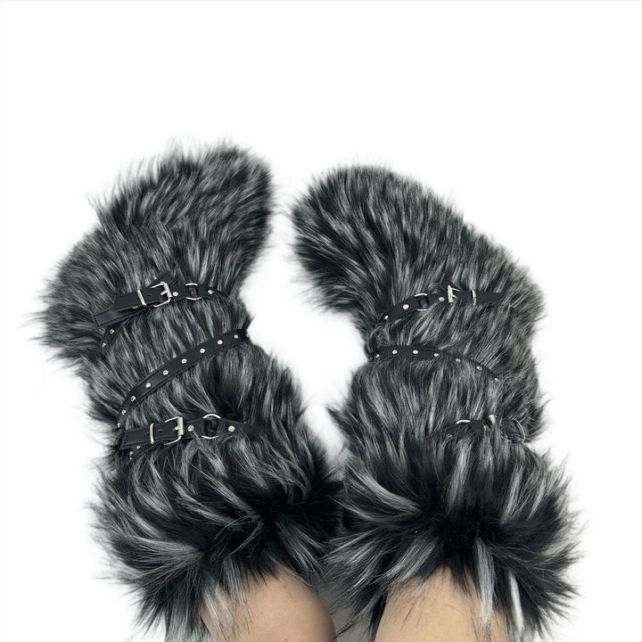 Womens Faux Fur Boot Winter Fluffy Long Furry Boots for Girls Outdoor Fuzzy Knee-High Sexy Snow Boots with Cross Straps and Buckle