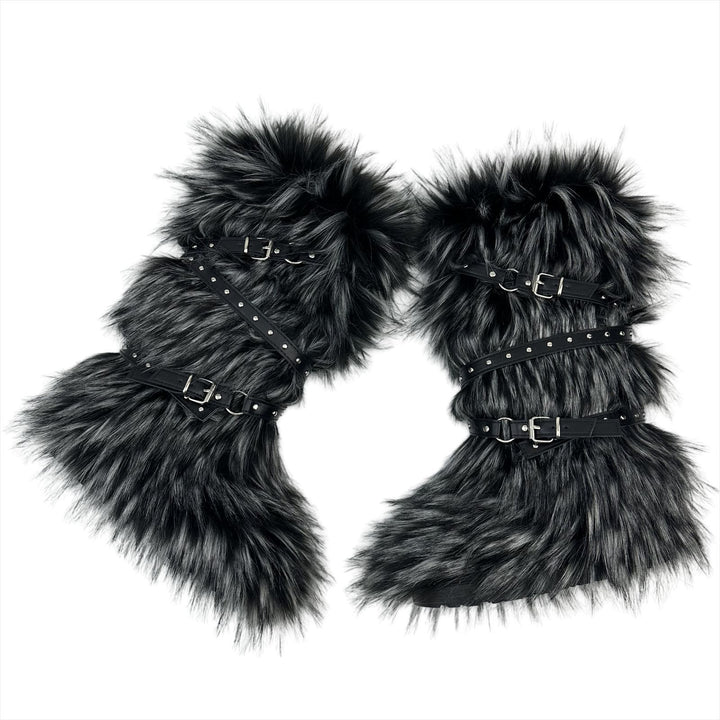 Womens Faux Fur Boot Winter Fluffy Long Furry Boots for Girls Outdoor Fuzzy Knee-High Sexy Snow Boots with Cross Straps and Buckle