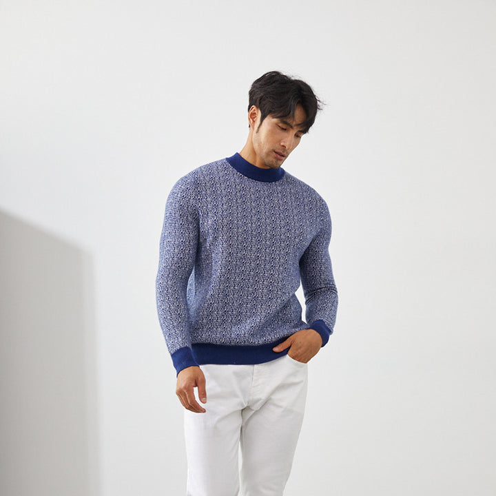 Men's Contrasted Geometric Jacquard 100% Cashmere Mock Neck Sweater