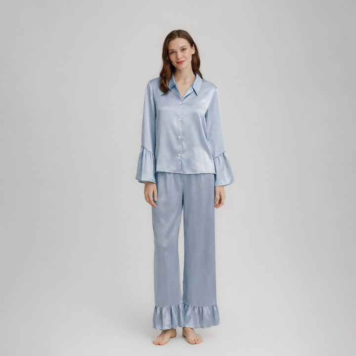 22 Momme Long Sleeve Ruffled Hem Mulberry Silk Pajama Set for Women
