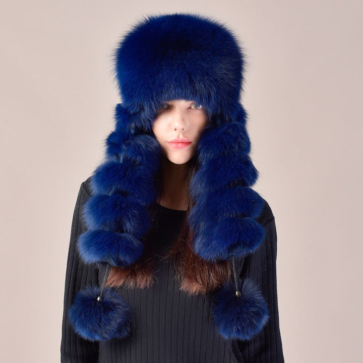 Large Fox Fur Trapper Hat Women's Winter Cold Weather Warm Pom-Pom Fur Hat