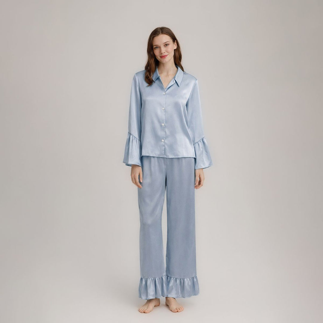 22 Momme Long Sleeve Ruffled Hem Mulberry Silk Pajama Set for Women