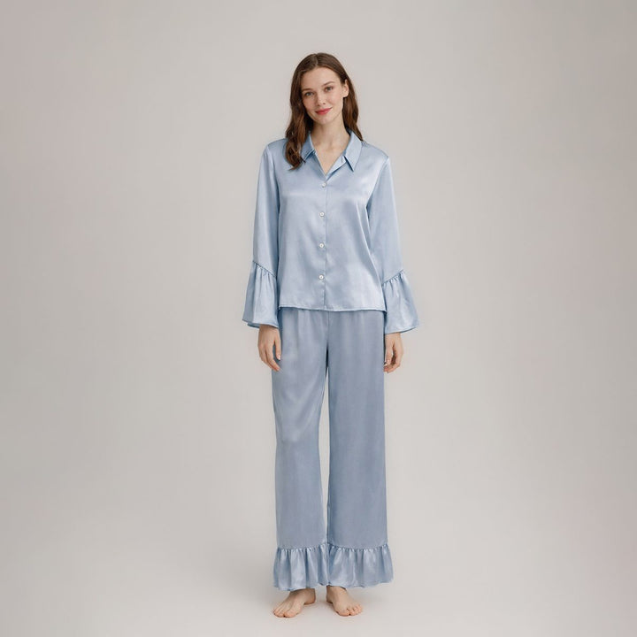 22 Momme Long Sleeve Ruffled Hem Mulberry Silk Pajama Set for Women