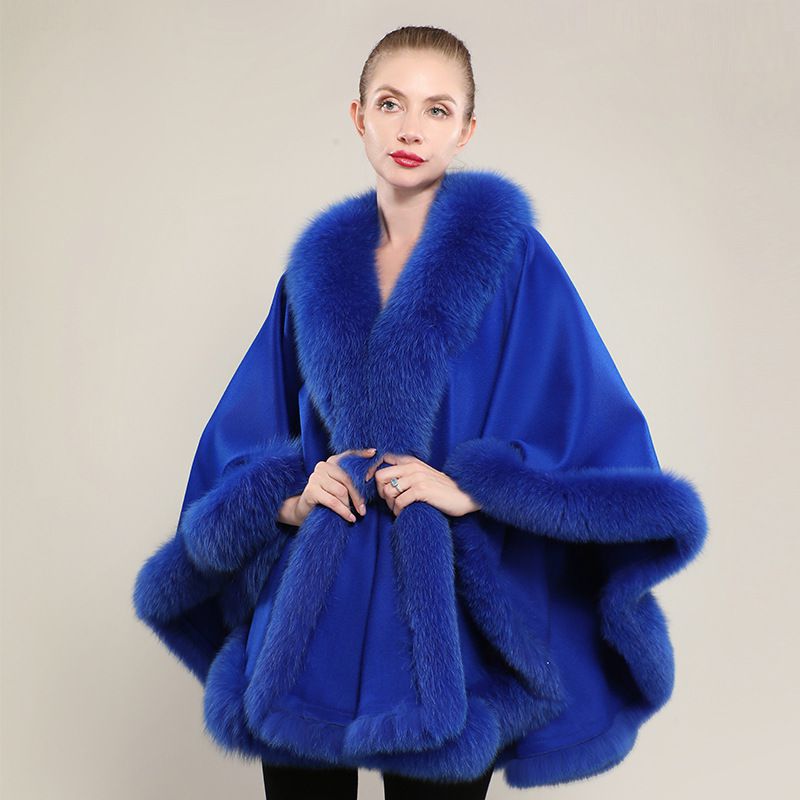Women’s Oversized Cashmere Poncho Cape with Real Fox Fur Trim