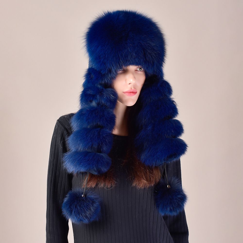 Large Fox Fur Trapper Hat Women's Winter Cold Weather Warm Pom-Pom Fur Hat