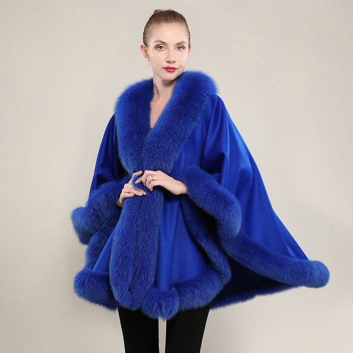 Women’s Oversized Cashmere Poncho Cape with Real Fox Fur Trim
