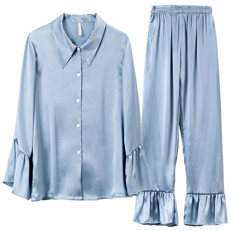 22 Momme Long Sleeve Ruffled Hem Mulberry Silk Pajama Set for Women