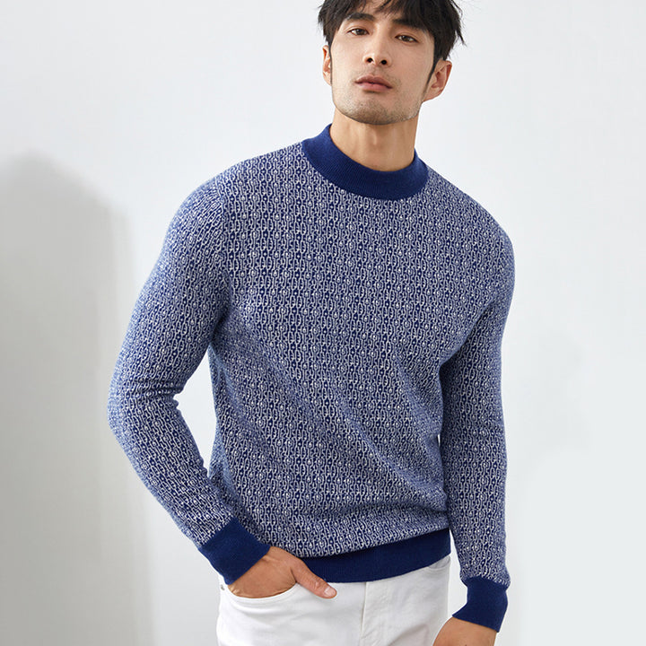 Men's Contrasted Geometric Jacquard 100% Cashmere Mock Neck Sweater