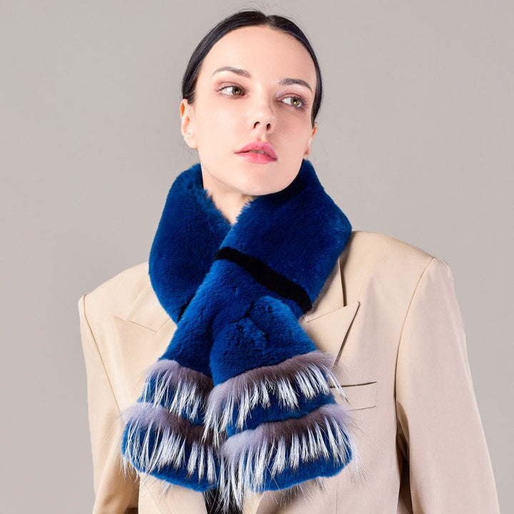 Soft Rabbit Fur Scarf with Fox Fur Trim Fashionable Two-Tone Women Winter Scarf