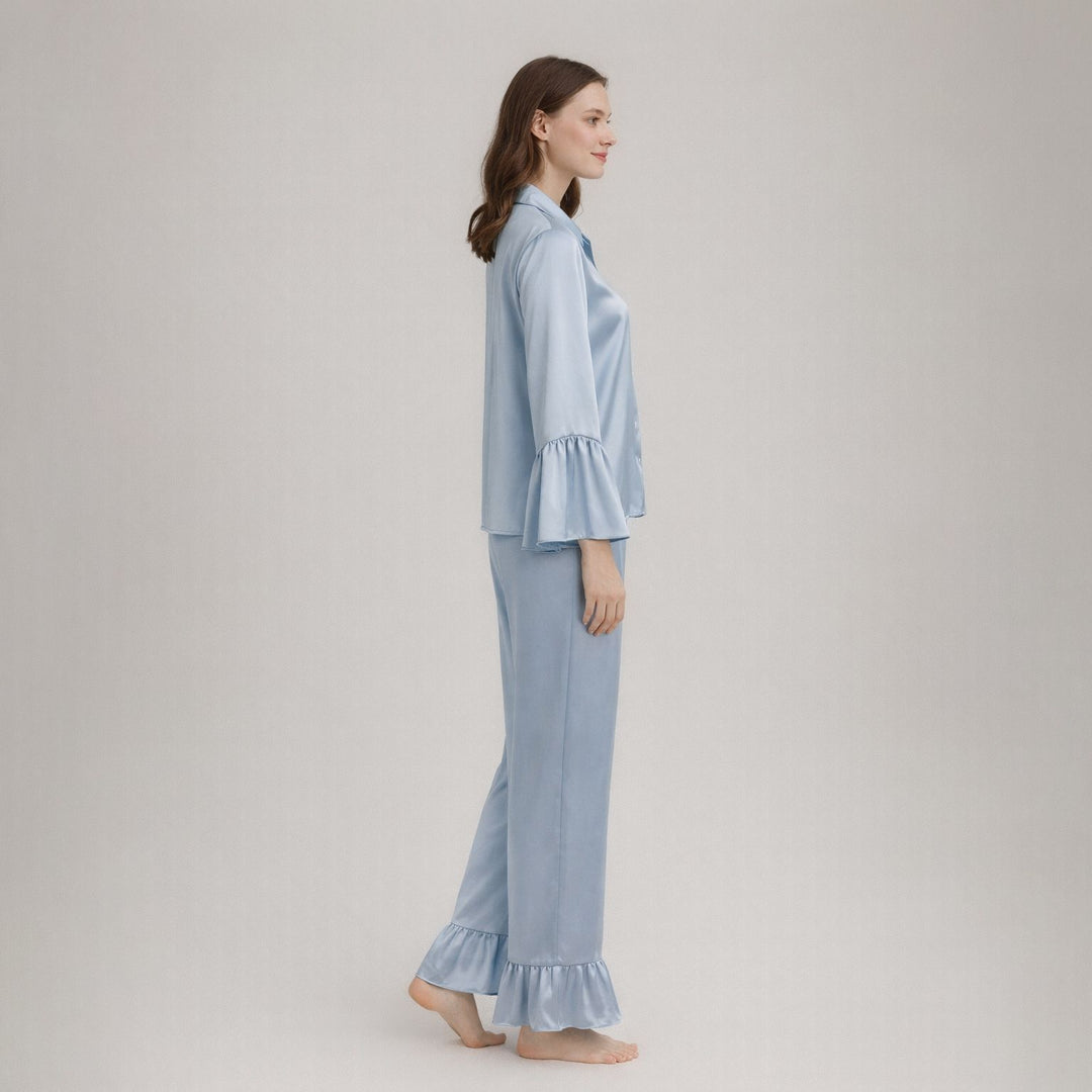22 Momme Long Sleeve Ruffled Hem Mulberry Silk Pajama Set for Women