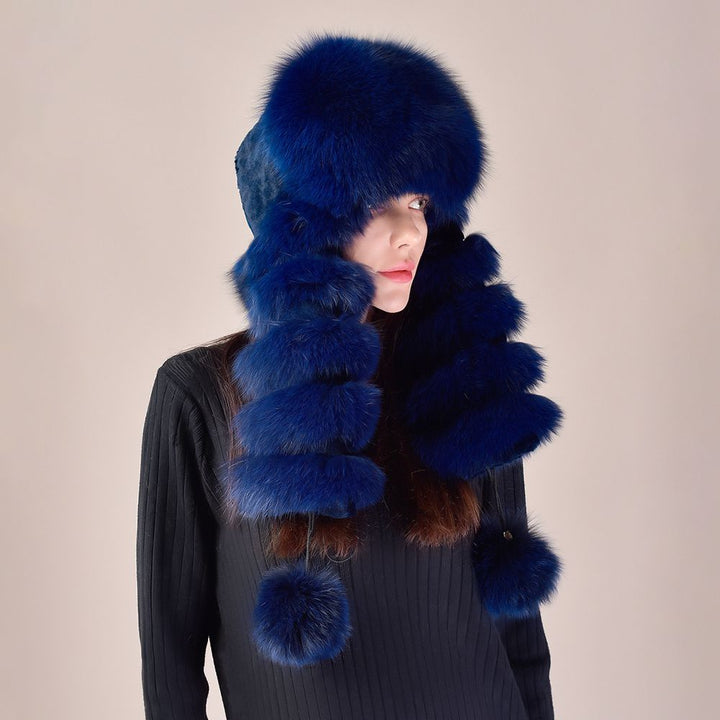 Large Fox Fur Trapper Hat Women's Winter Cold Weather Warm Pom-Pom Fur Hat