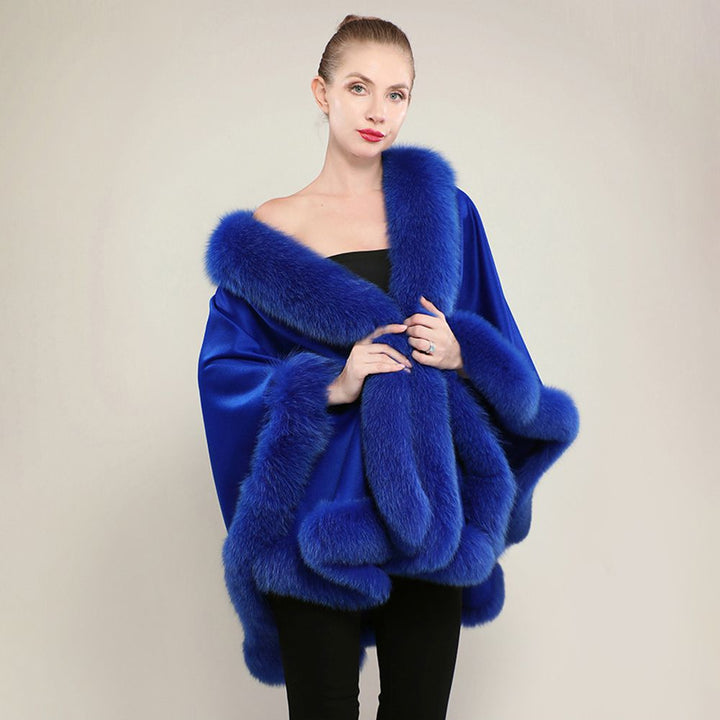 Women’s Oversized Cashmere Poncho Cape with Real Fox Fur Trim