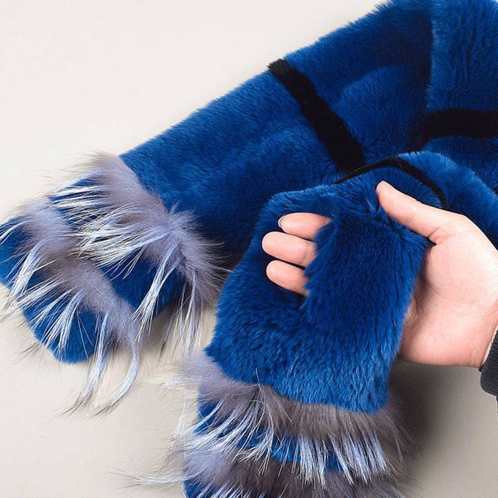 Soft Rabbit Fur Scarf with Fox Fur Trim Fashionable Two-Tone Women Winter Scarf