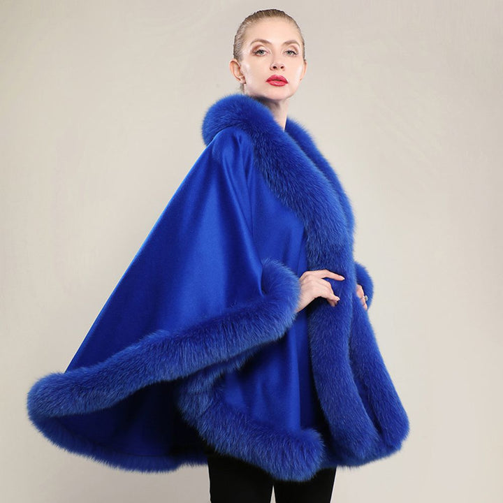 Women’s Oversized Cashmere Poncho Cape with Real Fox Fur Trim