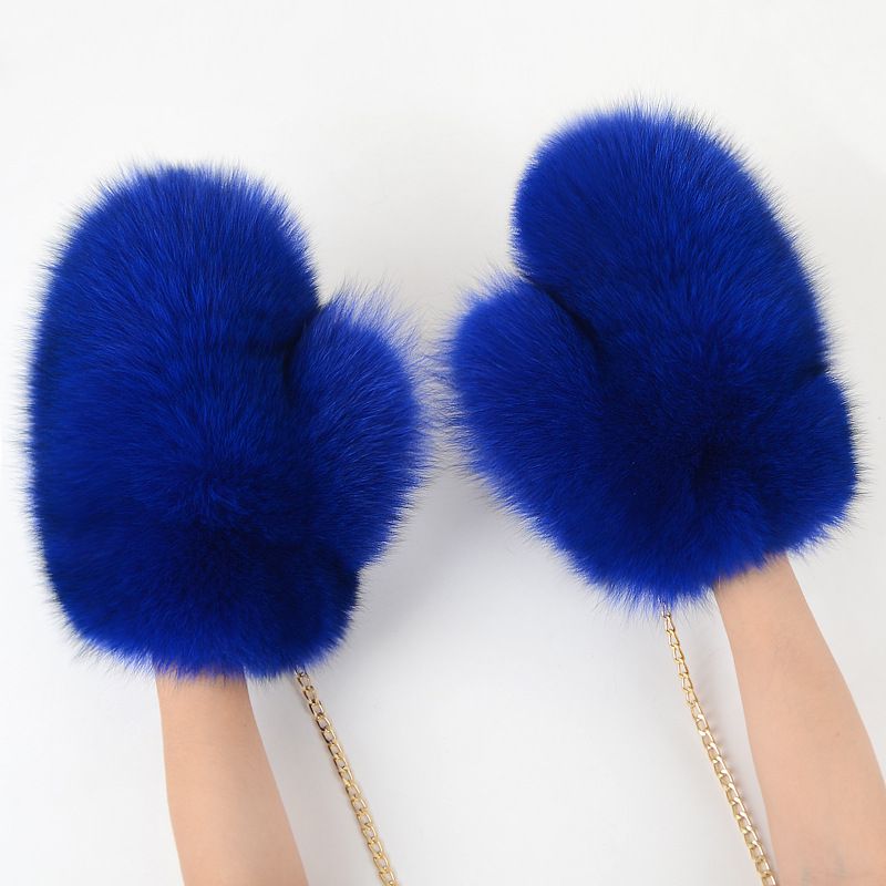 Luxury Real Fox Fur Mittens with Chain Strap Warm Winter Leather Fur Gloves for Women