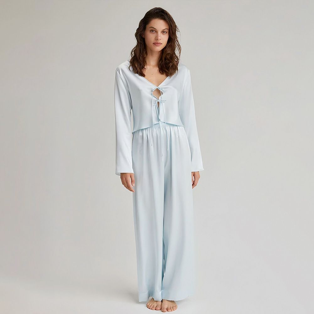 22 Momme Sexy Tie-Front  V-Neck Long Sleeve Silk Pajama Set for Women