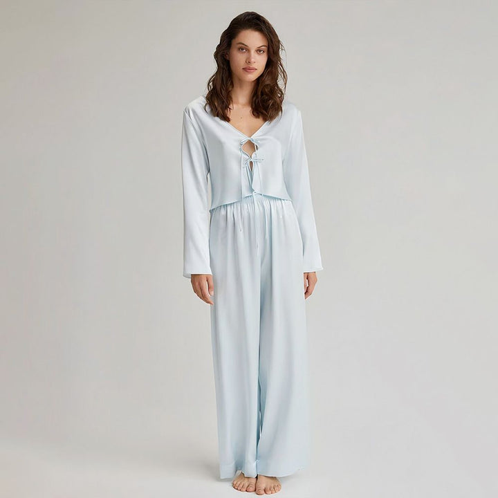 22 Momme Sexy Tie-Front  V-Neck Long Sleeve Silk Pajama Set for Women