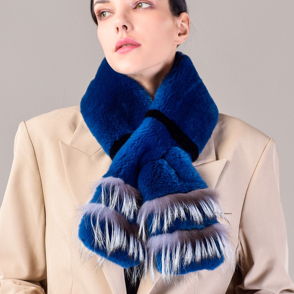 Soft Rabbit Fur Scarf with Fox Fur Trim Fashionable Two-Tone Women Winter Scarf