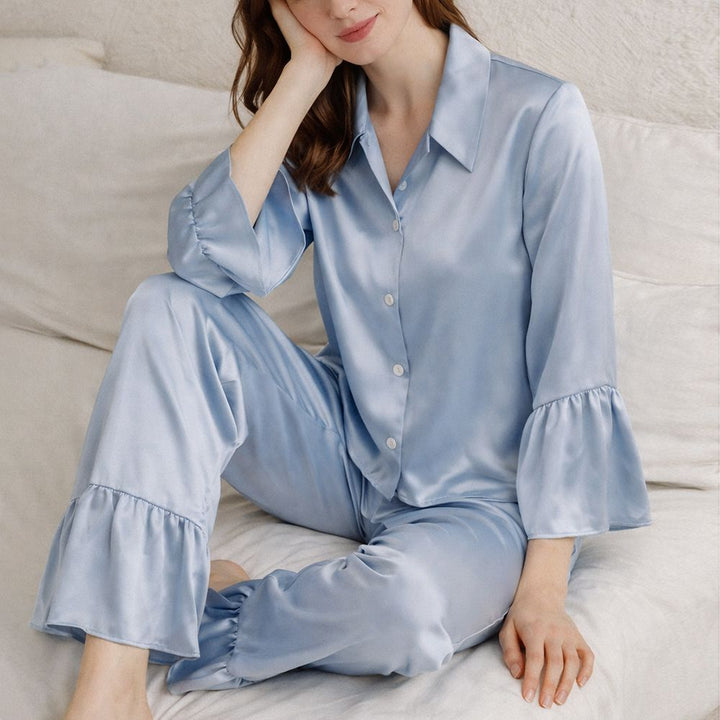 22 Momme Long Sleeve Ruffled Hem Mulberry Silk Pajama Set for Women