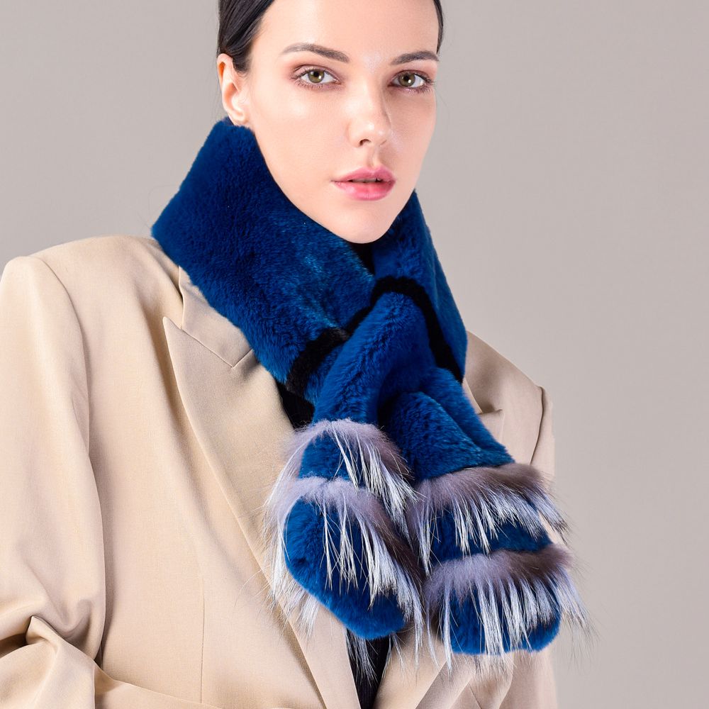Soft Rabbit Fur Scarf with Fox Fur Trim Fashionable Two-Tone Women Winter Scarf