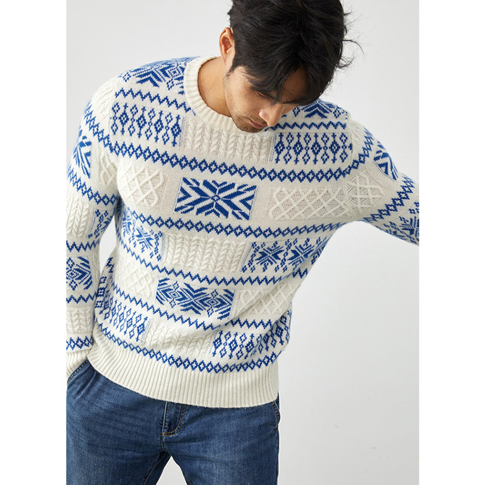 Men's Fair Isle Knit 100% Cashmere Sweater Black & White Patterned Crewneck Pullover