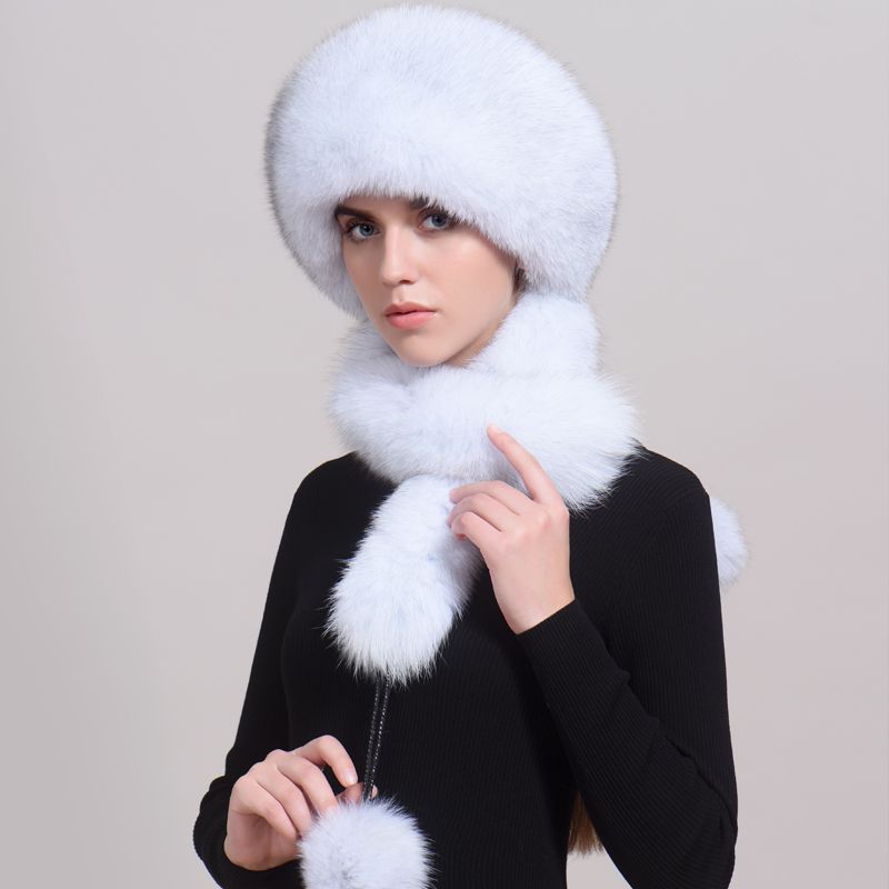 Luxury Winter Fox Fur Trapper Hat Women Pom Pom Fur Ushanka with Tail Scarf