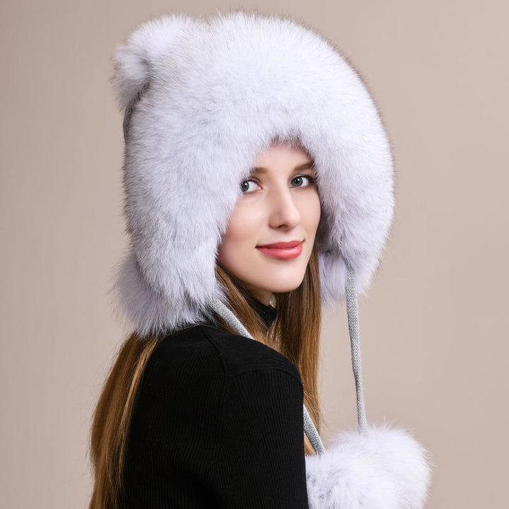 Luxury Real Fox Fur Pom Pom Hat Women Winter Knitted Trapper Hat with Full Fur Trim