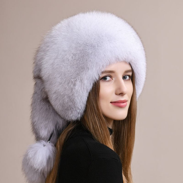 Luxury Genuine Fox Fur Hat for Women Full-Pelt Furry Fluffy Fuzzy Tail Outdoor Cold Weather Hat with Pom-Poms