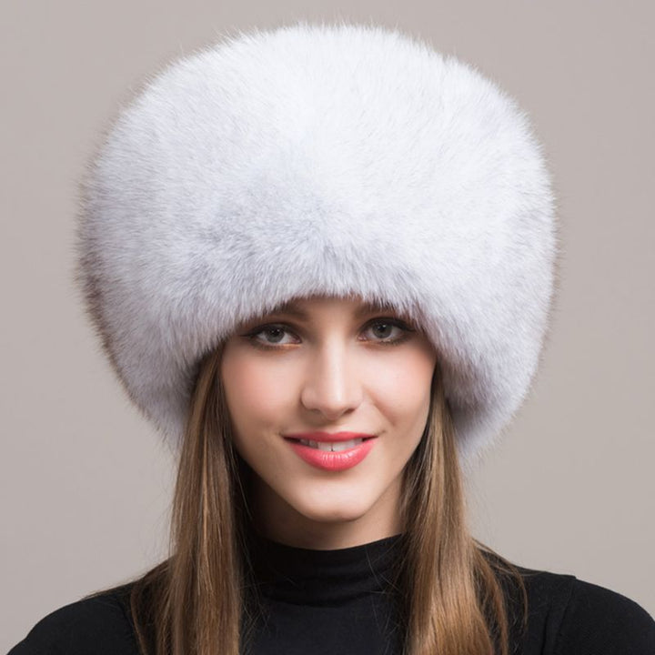 Women's Winter Fox Fur Roller Hat Sheepskin Pom Pom Fur Round Hat