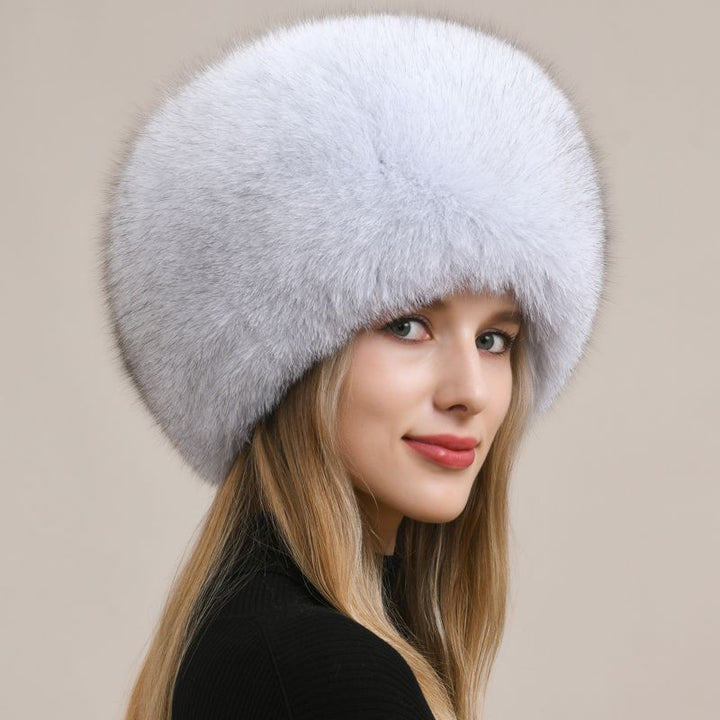 Womens Luxury Fox Fur Russian Hat Thickened Full-Pelt Winter Round Fur Hat